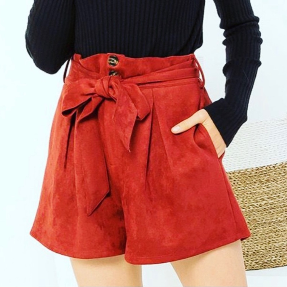 Hi rise faux suede shorts tie belt burnt orange brown trendy winter nee boutique